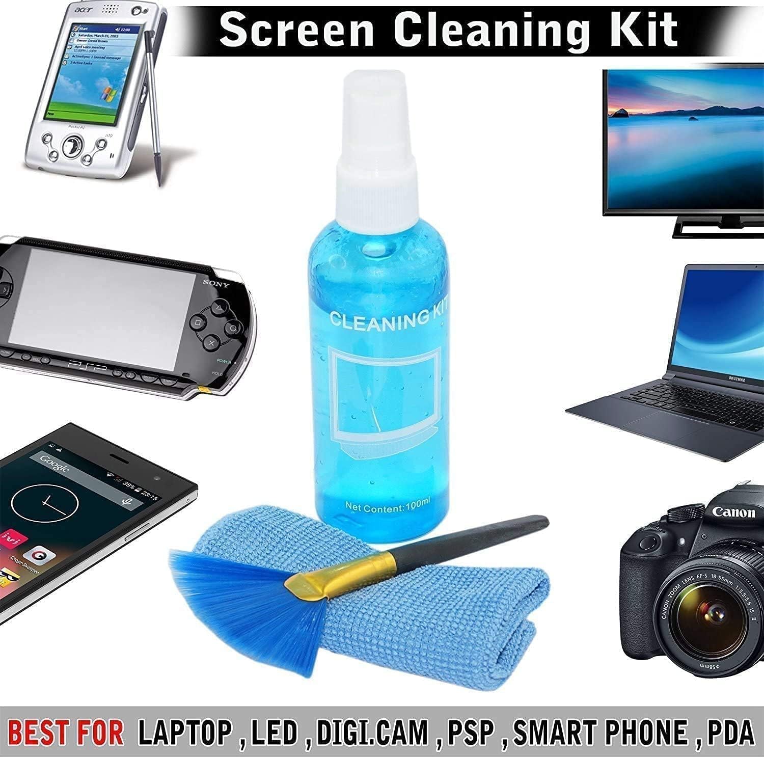 Professional Clean Pro 3 in 1 Multi-Purpose LCD Cleaning Kit with Cloth | Brush | Liquid Solution for Cameras | Binoculars | Laptops |PC Monitors