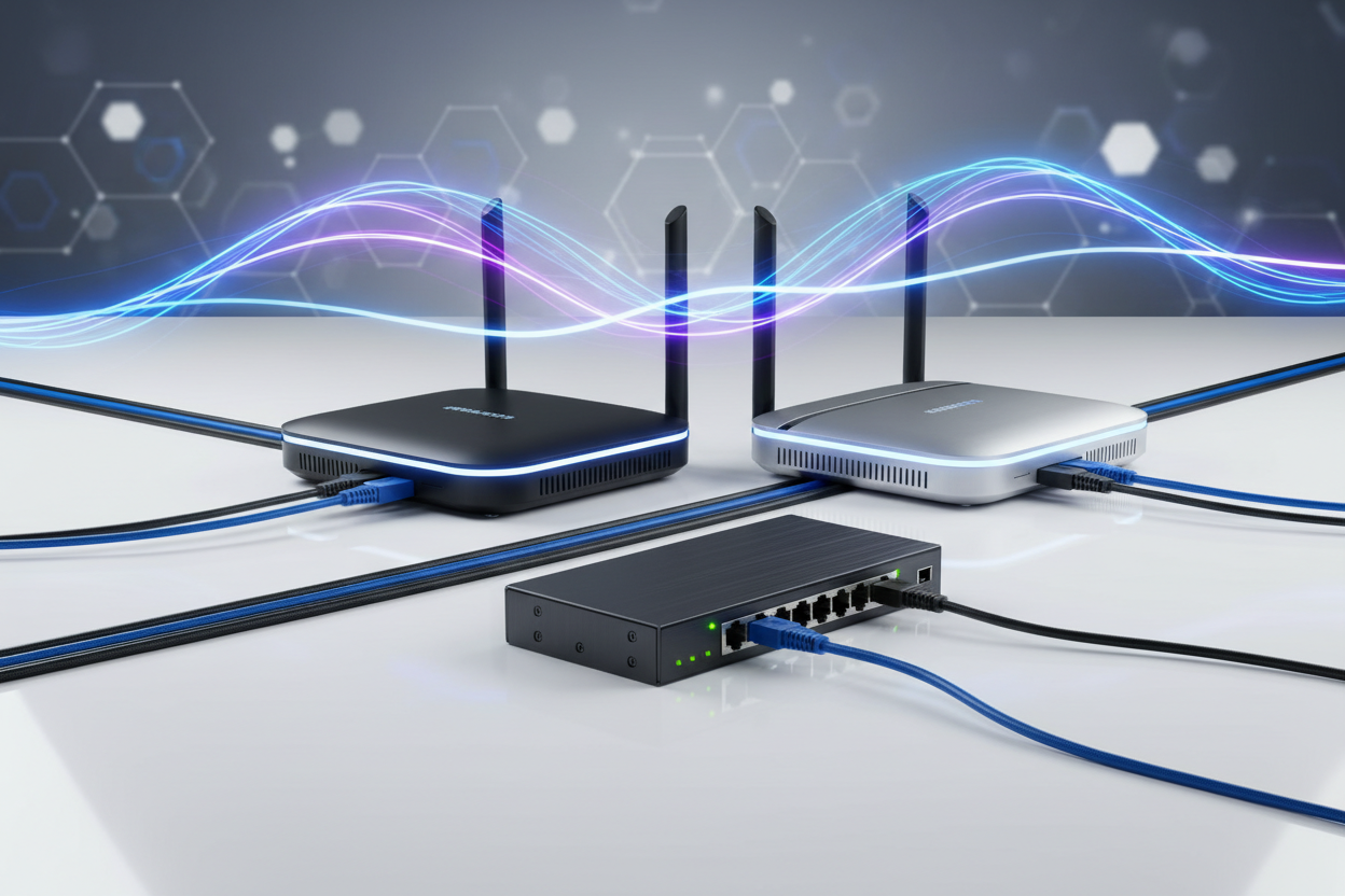 (routers) Boost your internet coverage with routers and networking gear designed for speed, security, and stability i need an image without the texts 